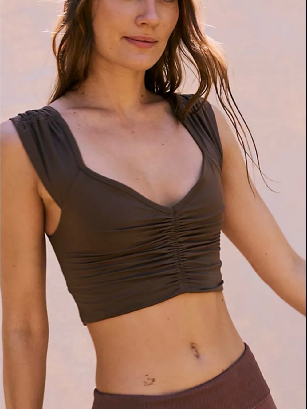 FP Movement by Free People Ruched V-Neck Crop Top in Olive